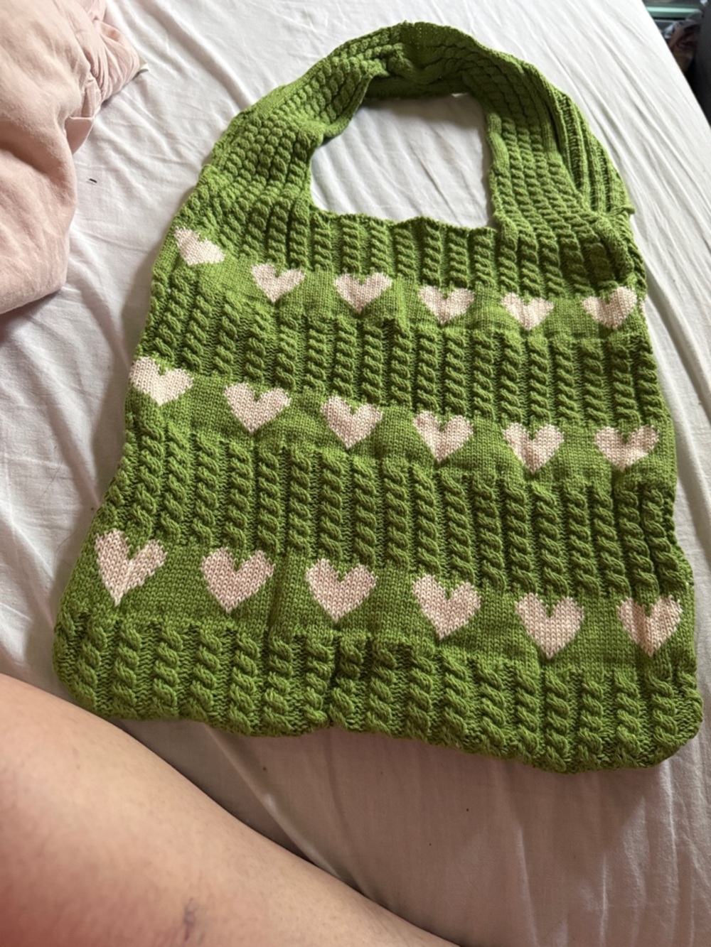 Green Knit Heart-Pattern Shoulder Bag